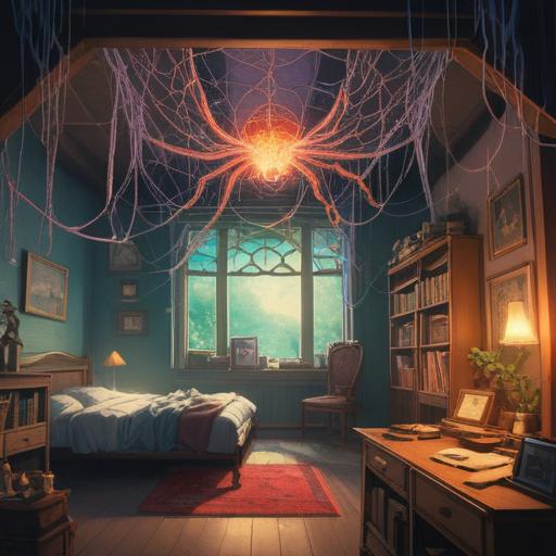 A mystical illustration of a room illuminated by soft, ethereal light, featuring a large spider gracefully weaving its intricate web in the corner, symbolic of transformation and protection, mystical symbols subtly integrated into the decor, a peaceful and reflective atmosphere, nature-inspired elements, calming color palette, 4k