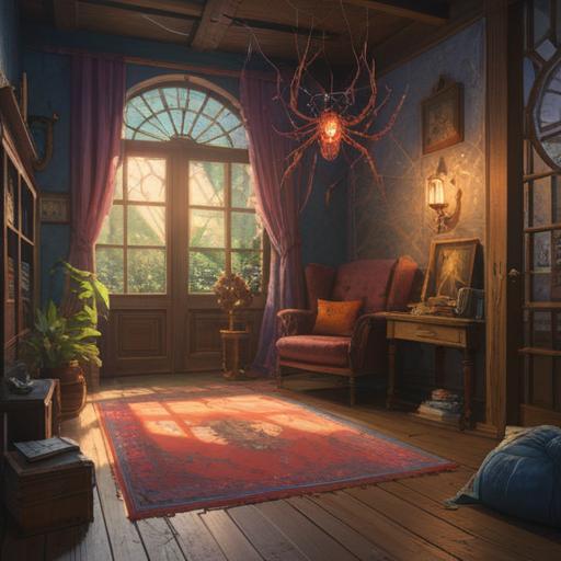 A serene room filled with natural light, a spider weaving a delicate web in the corner, spiritual symbols subtly integrated into the scene, calming atmosphere, warm colors, soft shadows, inviting space, hints of greenery, sense of tranquility, 4k