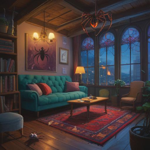 A mystical scene depicting a spider in a cozy room, spiritual symbols subtly integrated, soft ambient lighting, intricate details on the spider's web, an atmosphere of awareness and caution, symbolic objects scattered around the room, inviting yet eerie vibe, 4k