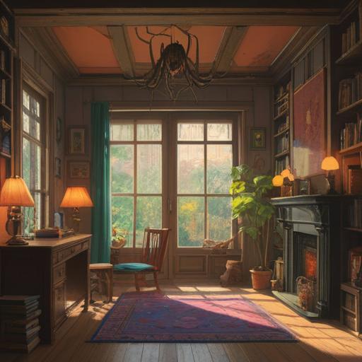 A cozy room interior, a spider gracefully weaving its web, sunlight filtering through the window, soft shadows creating depth, a sense of calm and fortune, small lucky charms scattered around, vibrant colors, inviting atmosphere, intricate details in the spider and web, 4k