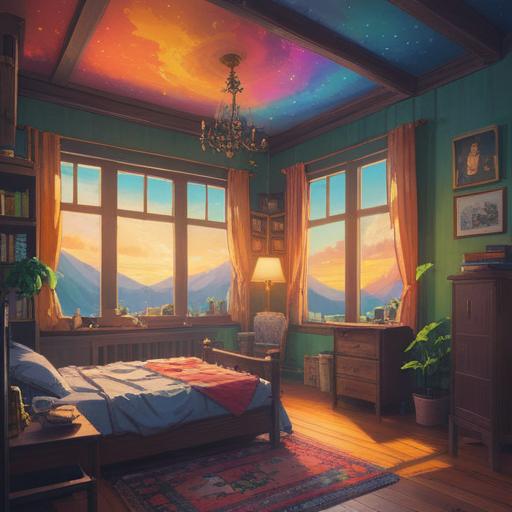 A mystical scene of a room illuminated by a vibrant rainbow, soft sunlight streaming through a window, colorful light refracting on the walls, symbolic objects representing spiritual growth, a serene atmosphere filled with tranquility, ethereal energy surrounding the space, intricate details on furnishings, 4k