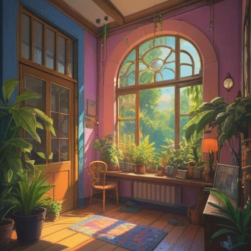A serene interior scene, a vibrant rainbow casting colorful light across a cozy room, gentle sunlight streaming through the window, plants thriving in the warm atmosphere, a sense of peace and tranquility, spiritual symbols subtly integrated into the decor, uplifting ambiance, soft textures, inviting furniture, harmonious color palette, 4k
