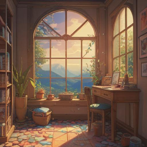 A serene illustration of a cozy room bathed in soft sunlight, a vibrant rainbow visible through a window, lucky stones scattered on a wooden table, gentle reflections of colorful light on the walls, a feeling of warmth and hope in the atmosphere, inviting and peaceful ambiance, 4k