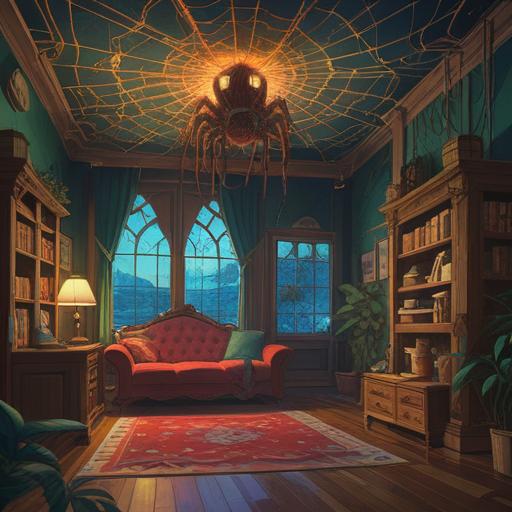 A mystical illustration of a room with a spider, emphasizing spiritual symbolism, soft light illuminating the corners, intricate web patterns reflecting energy, a serene atmosphere with calming colors, subtle details conveying transformation and awareness, 4k