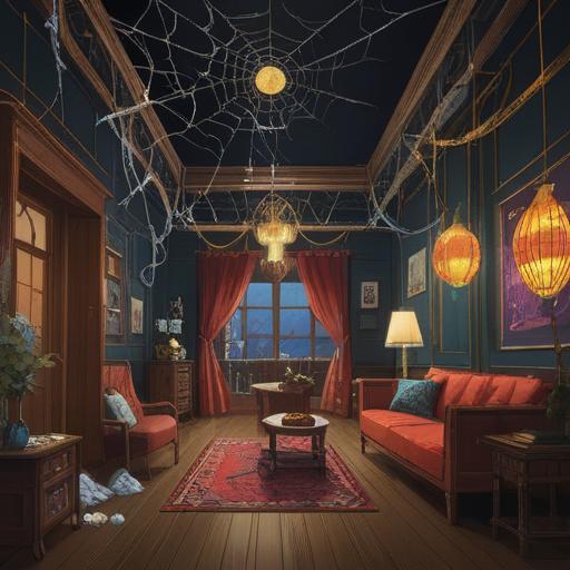 A serene room adorned with gentle light, a spider gracefully weaving a web in the corner, symbols of good fortune surrounding it, delicate plants enhancing the ambiance, a calming energy radiating throughout, spiritual aura emphasized, cozy atmosphere, 4k