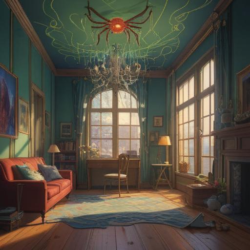A serene room interior, a spider gracefully descending from the ceiling, soft light filtering through a window, subtle shadows, a feeling of stillness and curiosity, mystical ambiance, symbolic significance of the spider, elements of spirituality and introspection, a calm and contemplative atmosphere, 4k