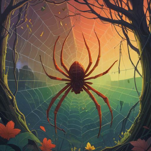 A mystical scene depicting a spider emerging from its web, symbolic of transformation and spiritual growth, intricate web design glistening in the sunlight, serene natural background with soft greenery, ethereal glow surrounding the spider, reflective water nearby, conveying a message of patience and wisdom, 4k