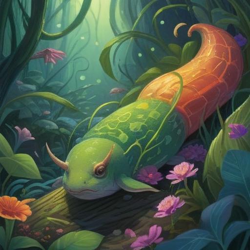 A mystical scene depicting a slug as a spiritual messenger, surrounded by ethereal light, vibrant nature, intricate details of flora and fauna, a serene setting with soft, flowing water, emphasizing the slug's significance, symbols of intuition and guidance in the atmosphere, tranquil colors that evoke contemplation, enchanting environment, 4k