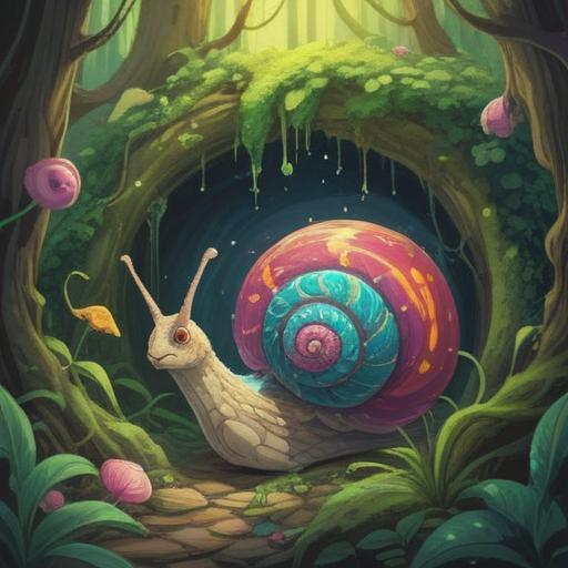 A whimsical illustration depicting a mystical scene of a snail emerging from a magical portal, vibrant colors, enchanting forest setting, characters performing joyful and hopeful actions, symbolic elements representing fortune and luck, detailed textures on the snail and foliage, bright and uplifting atmosphere, 4k