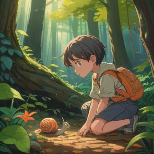 A serene nature scene depicting a young child kneeling down to observe a shiny snail on a leaf, gentle sunlight filtering through the trees, a sense of wonder and curiosity, lush greenery surrounding the child, a peaceful atmosphere, vibrant colors, detailed textures of the snail's shell, educational moment, 4k