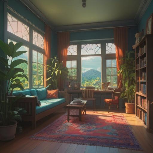 A serene and tidy room, reflecting a harmonious and balanced lifestyle, soft natural light filtering through the window, plants adding a touch of greenery, organized shelves filled with meaningful items, a peaceful atmosphere promoting mindfulness, warm colors creating a comforting feel, tranquil decorations enhancing spiritual energy, 4k