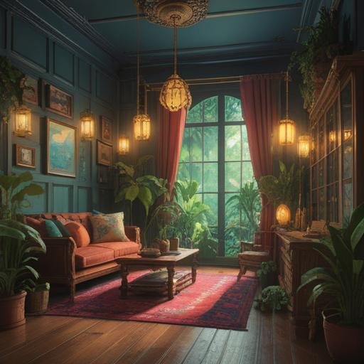 A serene and harmonious room, illuminated by soft natural light, clean and organized, with plants symbolizing growth, subtle spiritual symbols integrated into the decor, peaceful atmosphere, inviting energy, balance and tranquility, reflections of positivity and clarity, 4k