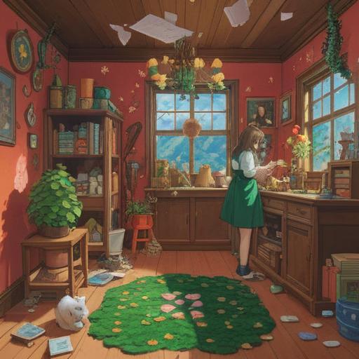 A person cleaning a room, surrounded by charming good luck items like four-leaf clovers and lucky cats, sparkling magic around them, warm light flooding in through the window, sense of happiness and positivity, detailed room interior, bright colors, uplifting atmosphere, 4k
