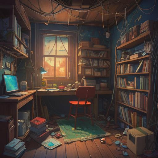 A messy room filled with clutter, spiritual symbolism, scattered personal items representing chaos, dim lighting creating an atmospheric mood, tangled cables and misplaced books, a sense of inner turmoil reflected in the surroundings, a small window allowing a glimpse of light, vivid colors contrasting with the disarray, 4k