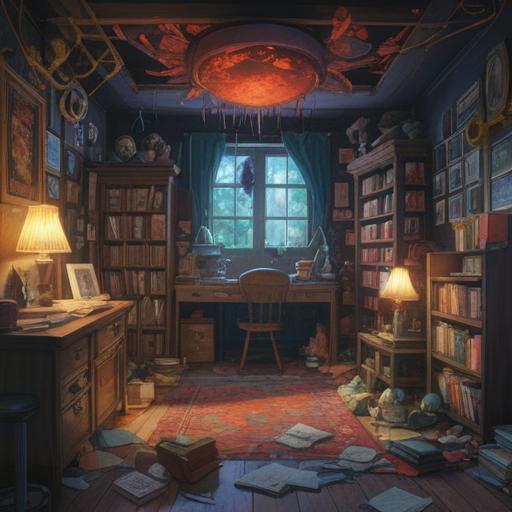 A cluttered room filled with scattered items, chaotic atmosphere, subtle spiritual symbols appearing in the mess, shadows reflecting energy imbalances, a sense of unease, an ethereal glow hinting at hidden messages, cluttered surfaces, neglected corners, a metaphysical presence, calming yet unsettling ambiance, 4k