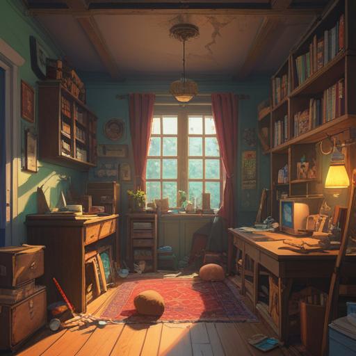 A cluttered room filled with various belongings, an inspiring lucky charm glowing in the center, bright colors, sunlight streaming through dusty windows, a sense of hope and transformation, organized chaos, motivational quotes on the walls, uplifting atmosphere, 4k