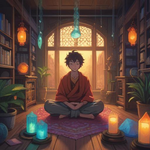A serene room filled with soft light, glowing crystal objects, a person meditating with an expression of focus, mystical energy patterns in the air, sound waves depicted as visual ripples, calming atmosphere, delicate spiritual symbols, 4k
