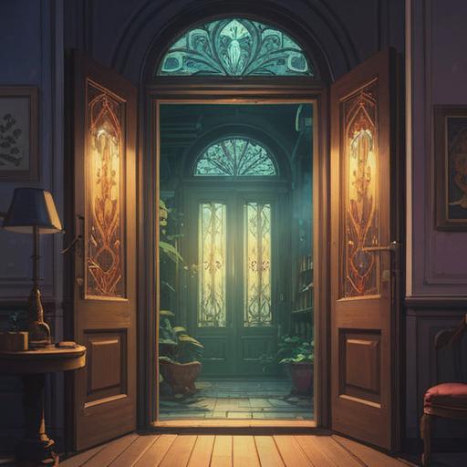 A mysterious and serene illustration of a room number on a door, ethereal light surrounding it, symbolic elements representing spirituality, subtle hints of energy or aura, a tranquil atmosphere, inviting yet enigmatic setting, reflections of the spiritual significance behind the number, soft focus on the background, 4k
