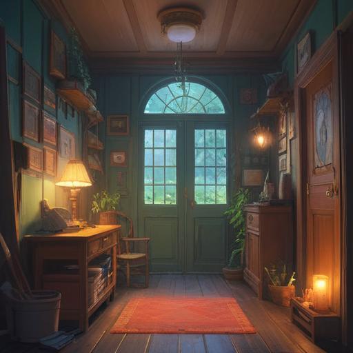 A serene and mystical illustration, featuring a cozy room with the number symbolically glowing on the door, soft ethereal light filtering through the windows, subtle spiritual symbols adorning the walls, an inviting atmosphere, vibrant colors representing positive energy, intricate details of nature elements, serene ambiance, 4k