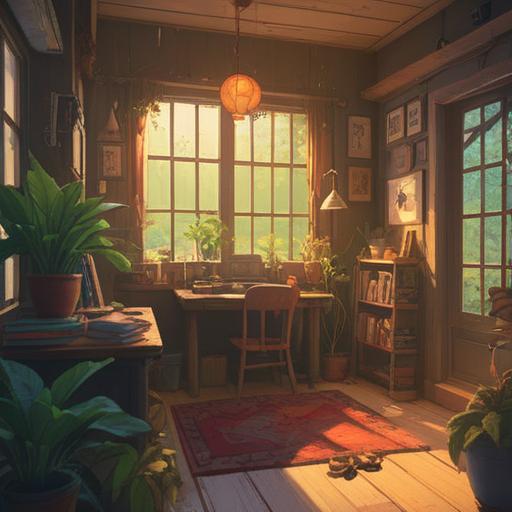 A cozy room filled with positive energy, a decorative sign with the room number prominently displayed, sunlight streaming through the window, plants symbolizing growth and good fortune, personal items radiating happiness, a serene atmosphere inviting luck, harmonious color scheme, inviting furniture arrangement, 4k