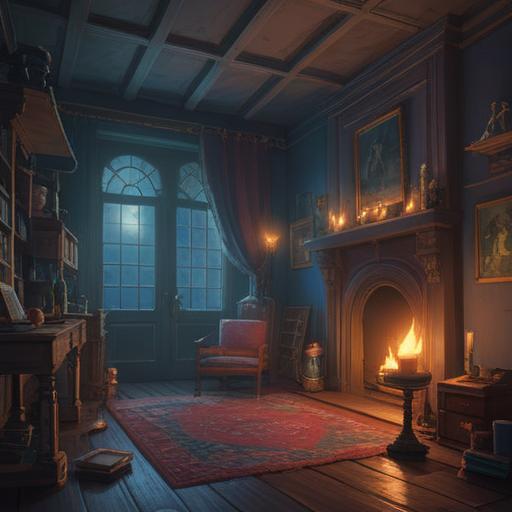 A mysterious and atmospheric room, dim lighting, eerie shadows, hints of spiritual energy, objects subtly shifting, candles flickering, a faint mist in the air, a sense of unease, symbols of protection, spiritual tools, metaphysical ambiance, 4k