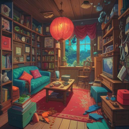 A vibrant and whimsical illustration of a lucky charm amidst a cluttered room, bright colors, various lucky items scattered around, a mysterious aura, an open window letting in fresh air, sunlight illuminating dust particles, subtle expressions of relief and joy, warm atmosphere, creative arrangement of quirky objects, 4k