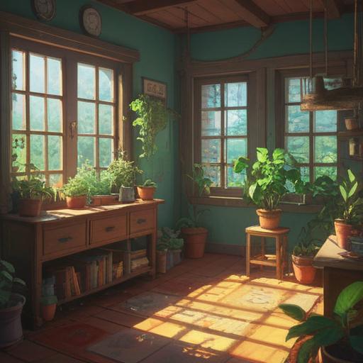 A cozy room setting with sunlight streaming through the windows, a variety of fresh herbs placed on a windowsill, a bowl of citrus fruits on a table, air purifying plants in the corners, an inviting aroma diffusing from a small essential oil diffuser, warm wooden furniture, light curtains gently swaying, a clean and fresh atmosphere, 4k