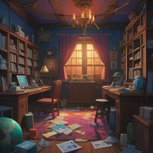 A cluttered room symbolizing inner chaos, objects strewn about in disarray, dim lighting casting shadows, a sense of neglect and disorganization, spiritual symbolism in the mess, representing emotional burdens and spiritual clutter, intimate and introspective atmosphere, reflecting a journey towards clarity, 4k