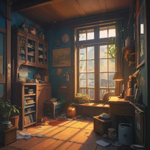 A cluttered room filled with various mystical items, dust particles floating in the sunlight, an open window letting fresh air in, the ambiance reflecting tranquility, subtle hints of spiritual symbols, a cozy yet chaotic atmosphere, inviting energy, a sense of renewal and transformation, warm light illuminating the space, 4k
