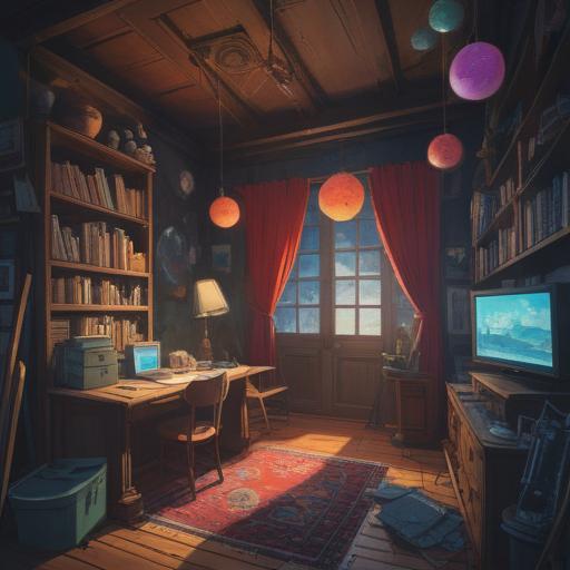 A cluttered, dimly lit room filled with scattered belongings, mysterious shadows lurking in the corners, subtle glowing orbs representing spiritual signs, an ominous yet intriguing atmosphere, dusty surfaces, faded wallpaper, symbols of caution subtly integrated into the chaos, a faint light illuminating key areas, 4k