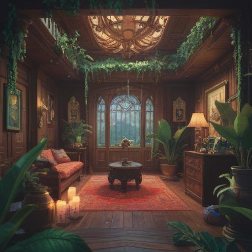 A serene room with spiritual lucky items arranged neatly, crystals glowing softly, plants adding greenery, calming colors, harmonious atmosphere, organized shelves, incense burning gently, inviting natural light, peaceful energy vibe, 4k