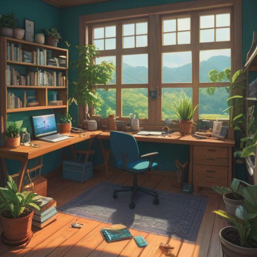 A serene virtual workspace, neatly organized desk with a laptop and notebooks, calming natural light streaming in from a window, plants adding a touch of greenery, focused atmosphere, visually representing productivity and efficiency, minimalist design, cozy and inspiring environment, 4k
