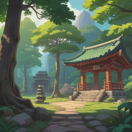 A serene illustration of Takeo Shrine, lush green surroundings, ancient trees, spiritual tranquility, cultural significance, people meditating, traditional architecture, peaceful atmosphere, soft sunlight filtering through leaves, vibrant colors, 4k