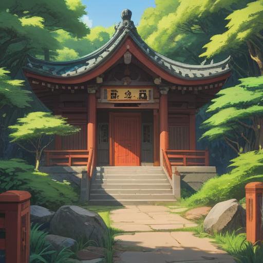 A serene depiction of Takeo Shrine, surrounded by lush greenery, gentle sunlight filtering through trees, peaceful atmosphere, visitors meditating, spiritual symbols in the environment, tranquil pathways leading to the shrine, vibrant colors, a sense of harmony and blessing, 4k
