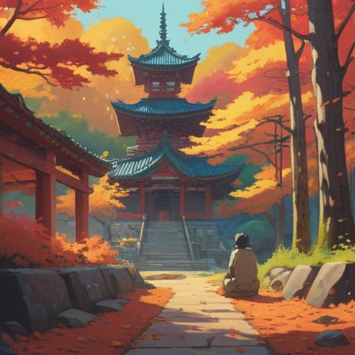 A serene illustration of the Takeo Shrine, vibrant autumn foliage, gentle sunlight filtering through trees, people meditating, spiritual symbols subtly integrated, peaceful atmosphere, mindful connection to nature, tranquil setting, 4k