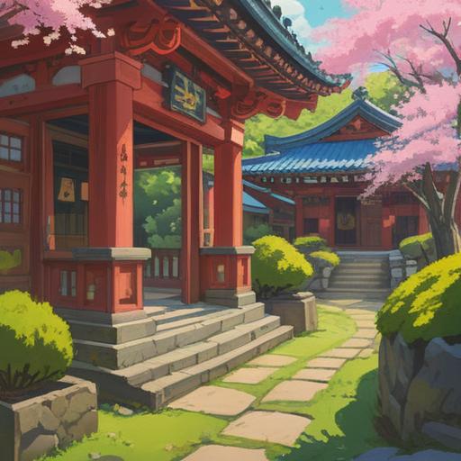A serene illustration of a visit to Takeo Shrine, showcasing a vibrant scene filled with lucky items, traditional Japanese architecture, cherry blossoms in full bloom, people admiring the surroundings, warm sunlight filtering through the trees, symbolic omamori charms, a peaceful atmosphere, cultural significance, 4k