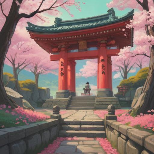 A serene visual representation of the visit to Takeo Shrine, capturing the peaceful atmosphere of the shrine, a tranquil landscape with cherry blossoms in full bloom, a reflective visitor contemplating personal growth, subtle shifts in emotion depicted through body language, warm sunlight filtering through the trees, a sense of mindfulness and spiritual connection, 4k