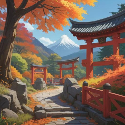 A serene landscape of Mount Mitake, vibrant autumn foliage, peaceful atmosphere, traditional Torii gate, ancient trees, spiritual energy emanating from the shrine, visitors meditating, mist hovering around sacred sites, harmonious connection to nature, detailed and tranquil setting