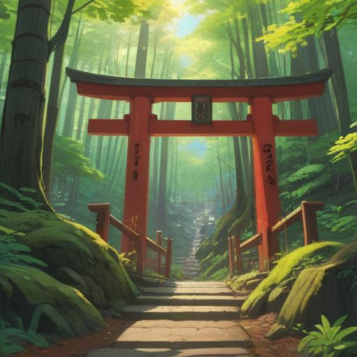 A serene landscape showcasing the visit to Mt. Musashi Ontake Shrine, lush green forest, gentle sunlight filtering through the trees, a sense of tranquility and spirituality, visitors engaged in meditation, symbolic signs of good fortune and blessings, a peaceful atmosphere, vibrant colors, 4k