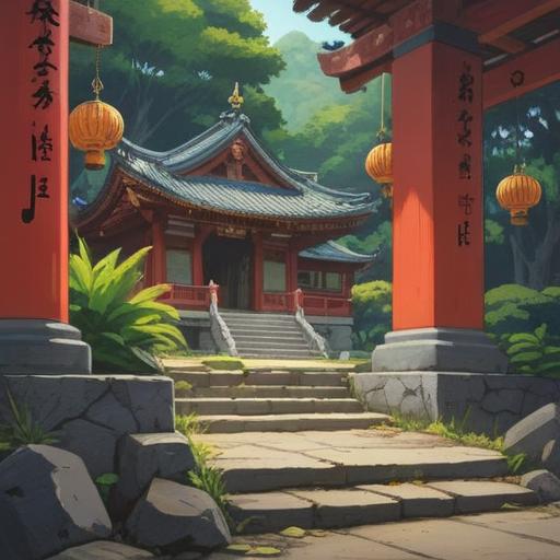 A serene illustration of Musashi Mitake Shrine, spiritual symbols surrounding the area, vibrant nature, visitors observing signs of spirituality, ancient trees, peaceful atmosphere, soft sunlight filtering through leaves, detailed architectural features of the shrine, calm and inviting environment, 4k