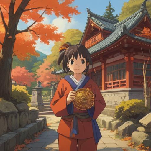 A serene illustration of a visitor at Musashi Mitake Shrine, holding a talisman, vibrant autumn foliage surrounding, soft golden sunlight filtering through the trees, traditional wooden shrine architecture in the background, sense of tranquility and good fortune, detailed textures, 4k