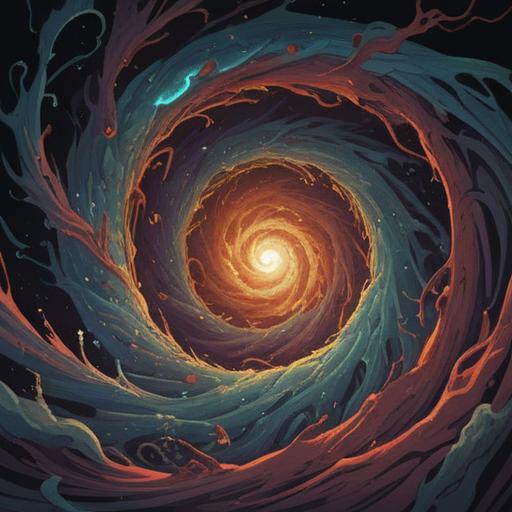 A deep and mysterious illustration representing the spiritual meaning of a negative spiral, a turbulent vortex symbolizing inner struggle and chaos, dark colors blending into shades of gray and black, ethereal light breaking through the spiral, a silhouette of a person in meditation at the center, surrounded by swirling shadows, symbolic elements of despair and hope intertwined, intricate patterns reflecting the complexity of emotions, thought-provoking atmosphere, 4k