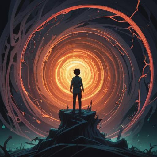 A mysterious and introspective scene, depicting a person standing at the edge of a dark spiral, radiant light breaking through the darkness, symbols of hope and rebirth surrounding them, ethereal atmosphere, spiritual journey, vibrant colors contrasting with deep shadows, serene expression, capturing the essence of transformation and renewal, 4k