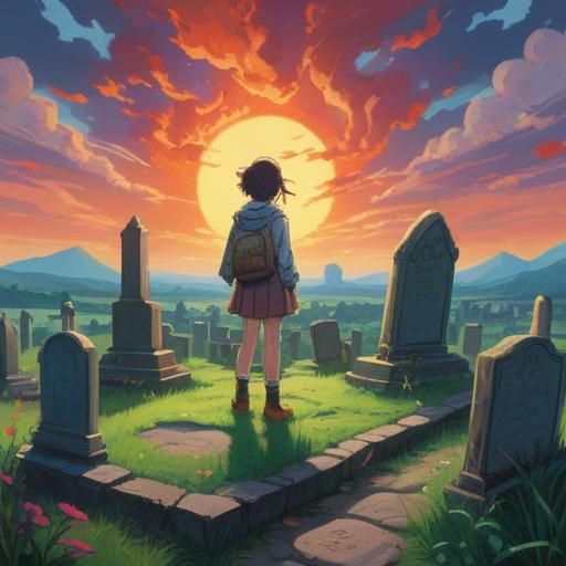 A serene and reflective scene depicting a young adult standing by a gravestone, rays of light breaking through the clouds, symbolizing hope and guidance, ethereal presence of a father figure in the background, warm and peaceful atmosphere, vibrant flowers surrounding the grave, gentle breeze, soft colors, 4k