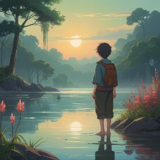 A serene and contemplative scene depicting a young person standing at a serene lakeside, gentle mist rising from the water, soft rays of sunlight breaking through the trees, symbolic white feathers floating in the air, a sense of peace and connection to the spiritual realm, vibrant fall foliage, calm reflection on the surface of the lake, profound emotional expression, 4k