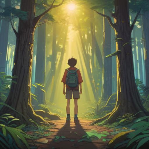 A serene and reflective scene, a young adult standing in a sunlit forest, holding a faded photograph of their father, gentle rays of light filtering through the trees, a sense of nostalgia and hope, vibrant greens and warm browns, emotional expressions, visual symbolism of progress and remembrance, 4k