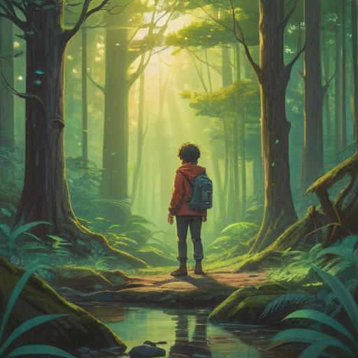 A serene landscape depicting a person standing alone, deep in thought, in a tranquil forest, soft sunlight filtering through the trees, symbolizing inner growth and reflection, subtle spiritual energy radiating around, gentle aura surrounding the character, positive transformation, 4k