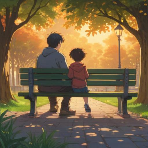 A reflective illustration of a father and child sitting together on a park bench, warm sunlight filtering through the trees, the father sharing a heartfelt story, the child listening intently, a sense of understanding and connection, contrasting emotions on their faces, serene background with blooming flowers, 4k