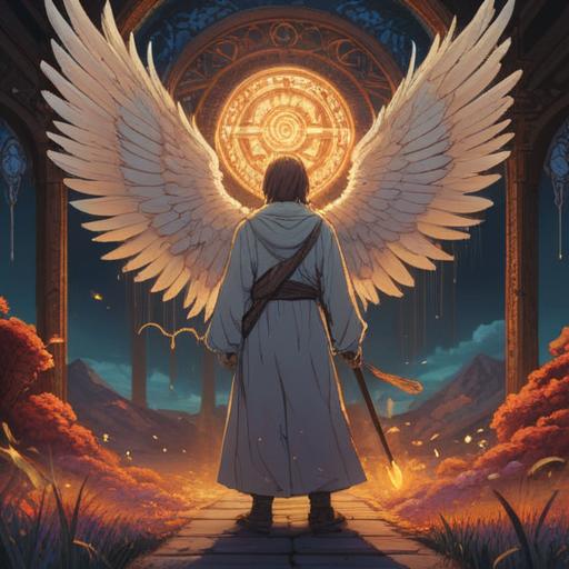 A spiritual representation of signs related to the death of a father, ethereal light, subtle symbols of mourning, an angelic figure watching over, soothing colors, elements of nature like flowing water or blooming flowers, a figure in deep contemplation, a serene atmosphere, a hint of sadness but also hope, 4k