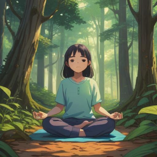 A serene illustration depicting a peaceful meditation scene, gentle sunlight filtering through trees, tranquil nature setting, a person practicing mindfulness, surrounded by soft glowing orbs representing spiritual energy, calming colors, harmonious atmosphere, deep relaxation, balance and healing, 4k